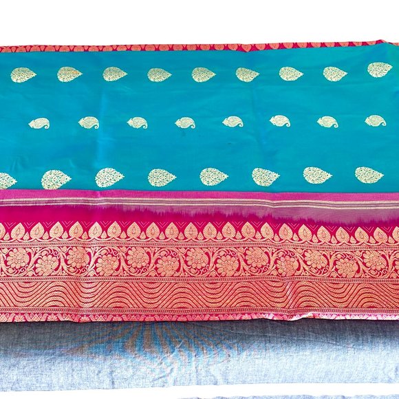 Green Blue Pure Silk Saree with Pink border - Picture 1 of 4